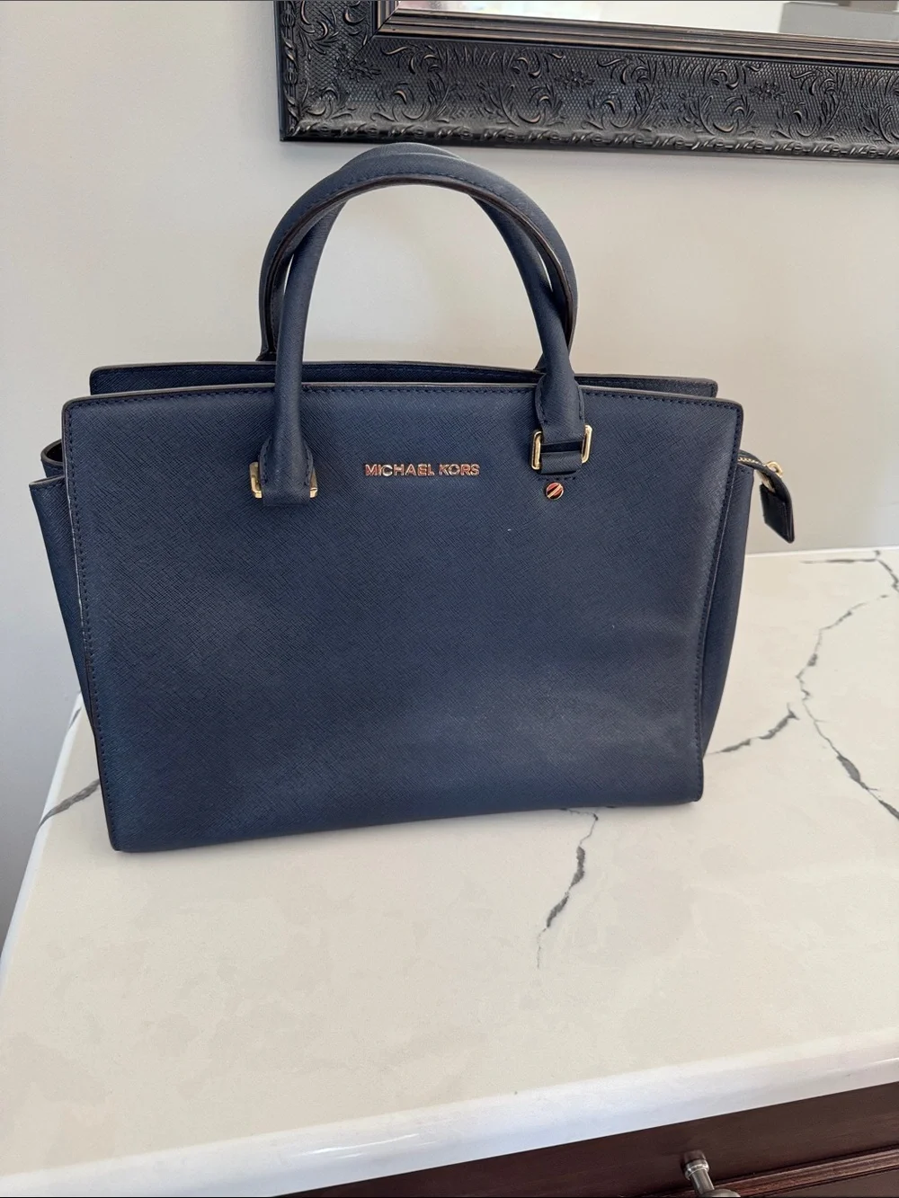 MICHAEL KORS Navy Saffiano Satchel with Gold Accents